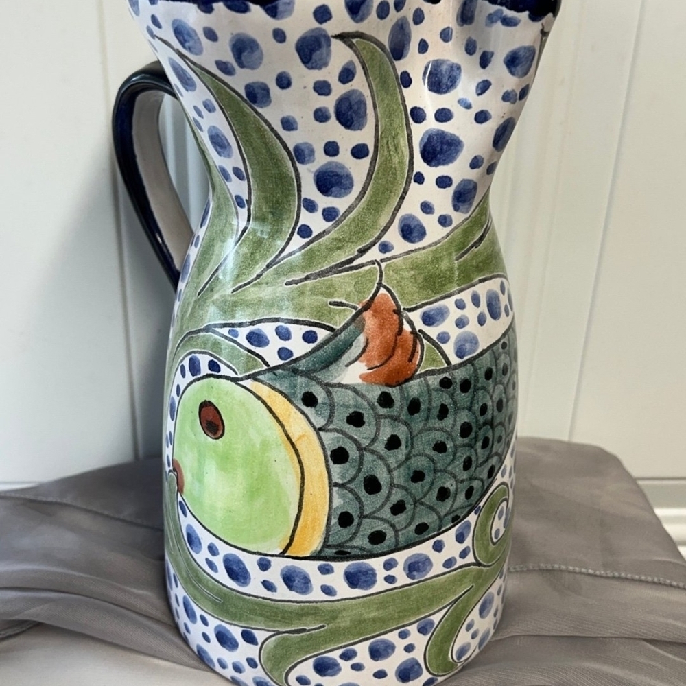 Hand-Painted Green & Blue Ceramic Fish Pitcher